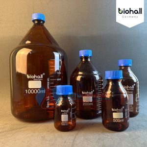 Chai trung tính nâu chia vạch - nắp vặn xanh, hãng Biohall-Germany